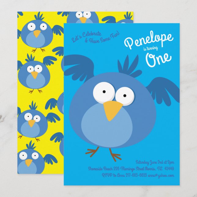 Cute Blue Birds Kids 1st Birthday Party Invitation (Front/Back)