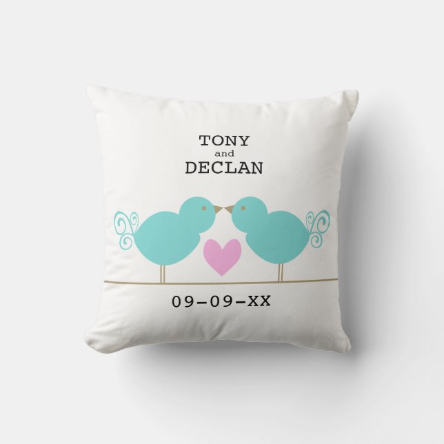 Cute Blue Birds With Pink Heart Pillow (Front)