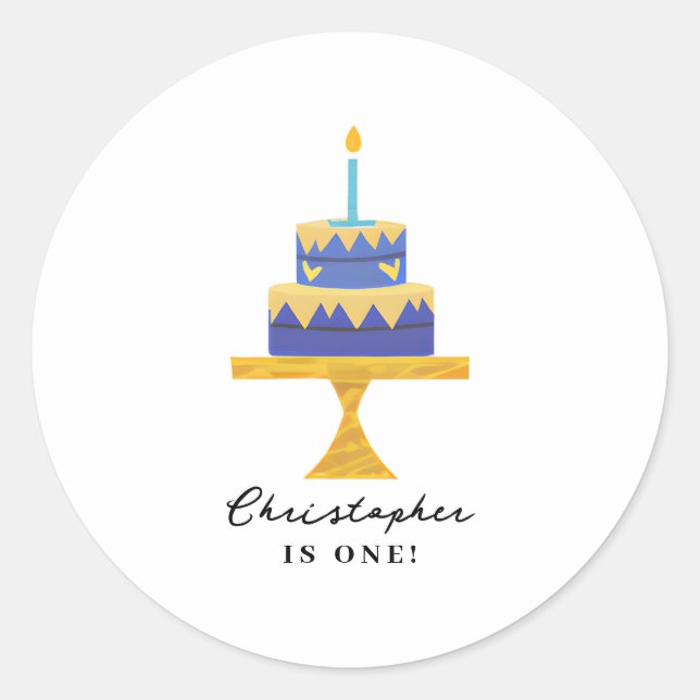 Cute Blue Birthday Cake Personalised Name  Classic Round Sticker (Front)