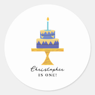 Cute Blue Birthday Cake Personalised Name Classic Round Sticker