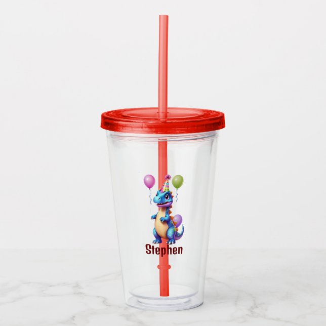 Cute blue birthday dinosaur acrylic tumbler (Front)