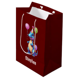 Cute blue birthday dinosaur medium gift bag