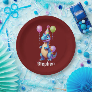 Cute blue birthday dinosaur paper plate