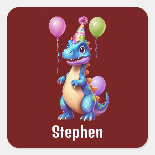 Cute blue birthday dinosaur square sticker (Front)