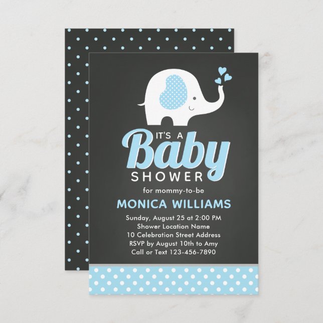 Cute Blue Black Chalkboard Elephant Baby Shower Invitation (Front/Back)