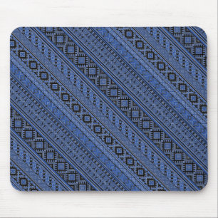 Cute blue black Ukrainian ornament stripes Mouse Mat
