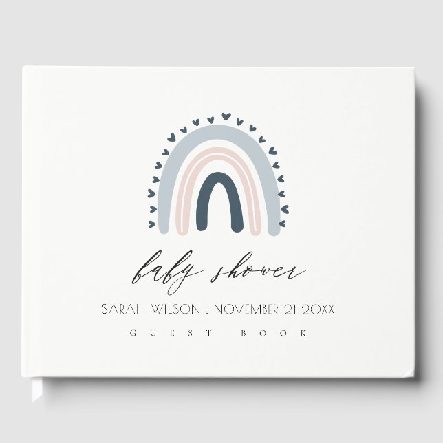 CUTE BLUE BLUSH RAINBOW HEART KIDS BABY SHOWER GUEST BOOK (Front)