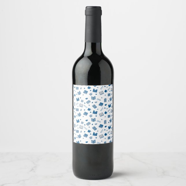 Cute Blue Book and Reading Pattern Wine Label (Front)