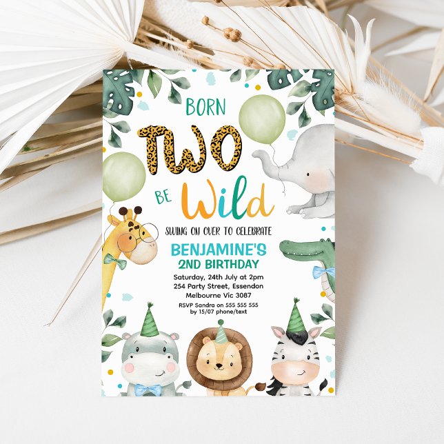 Cute Blue Born To Be Wild 2nd Birthday Invitation (Born Two Be Wild Invitation Template, Safari 2nd Birthday Invite Boy, Cheetah Print, Party Hats)
