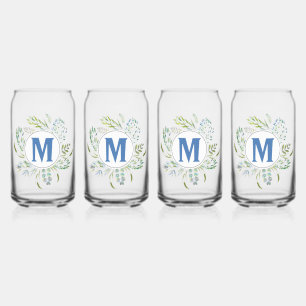 Cute Blue Botanical Greenery Monogram Can Glass