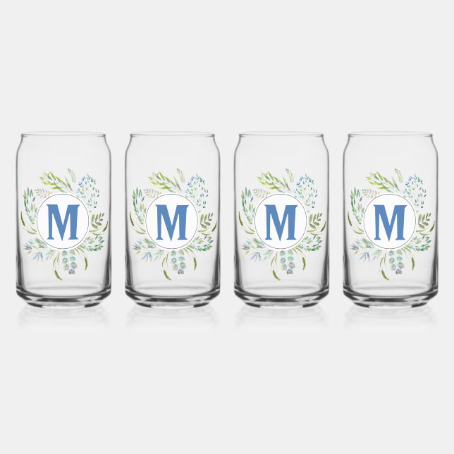 Cute Blue Botanical Greenery Monogram Can Glass (Front)