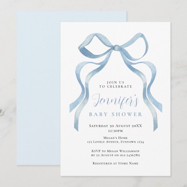 Cute Blue Bow Baby Shower invitation (Front/Back)