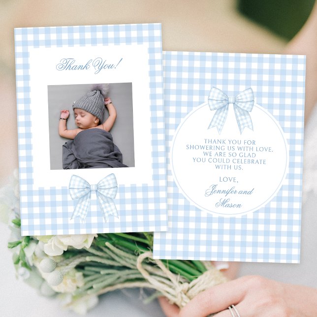 Cute blue bow baby shower photo thank you cards (Creator Uploaded)