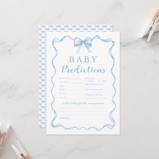 Cute Blue Bow Boy Baby Shower Baby Prediction Game Invitation (Front/Back In Situ)