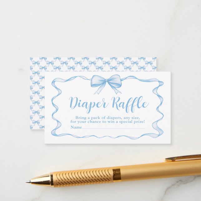 Cute Blue Bow Boy Ribbon Baby Shower Diaper Raffle Enclosure Card (Front/Back In Situ)