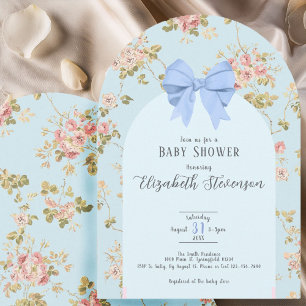Cute Blue Bow Floral Roses Baby Shower Arch Invitation