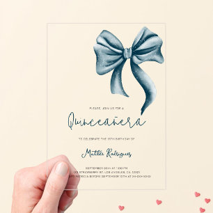 Cute Blue Bow Girly Quinceanera Birthday Acrylic Invitations