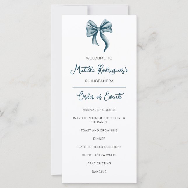 Cute Blue Bow Quinceañera Celebration Program (Front)