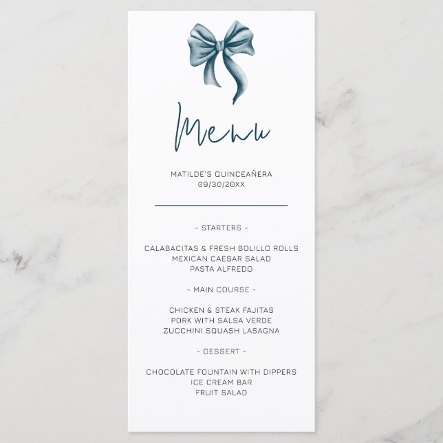 Cute Blue Bow Quinceañera Menu (Front)