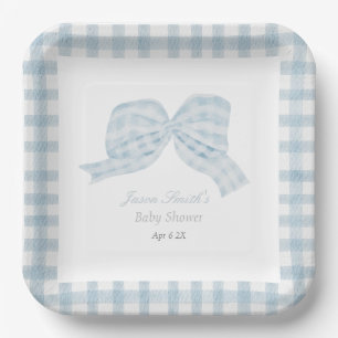Cute blue bow ribbon baby shower paper plate