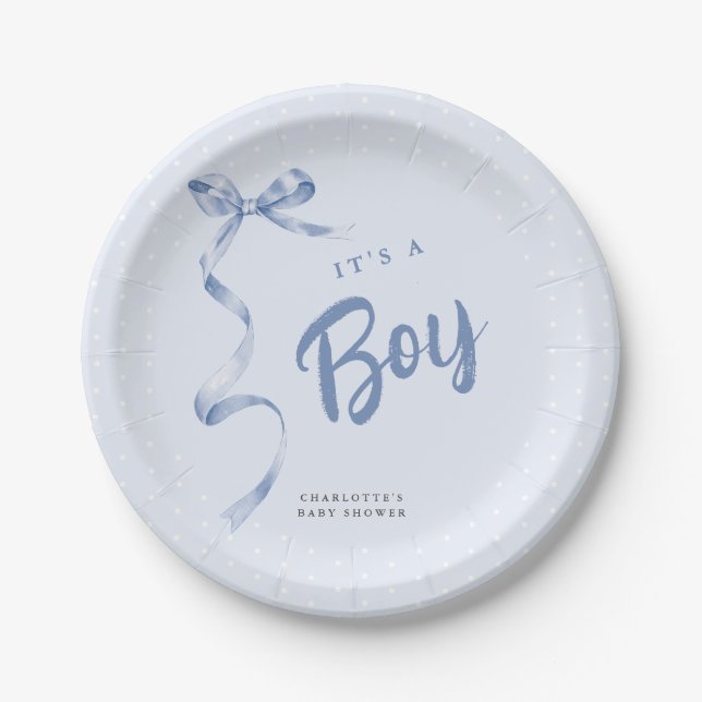 Cute Blue Bow Ribbon Boy Baby Shower Paper Plate (Front)