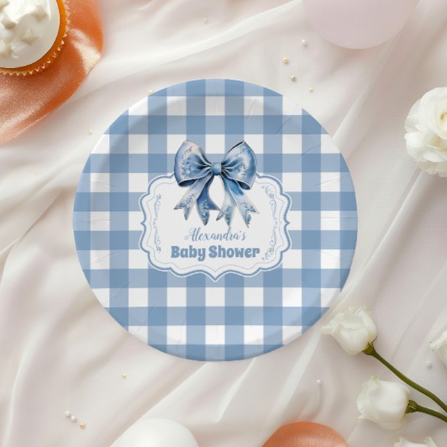 Cute Blue Bow Ribbon Gingham Paper Plate (Creator Uploaded)