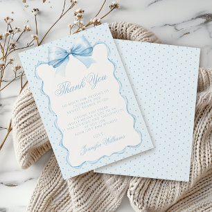 Cute blue bow ribbon polkadot baby boy shower thank you card