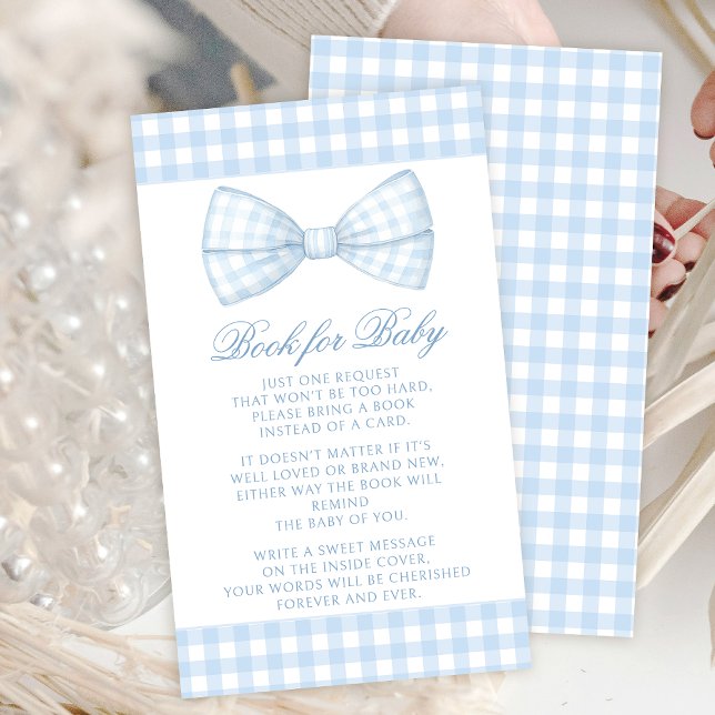 Cute blue bow tie gingham book for baby boy shower enclosure card (Creator Uploaded)