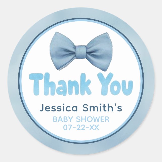 Cute Blue Bow Tie Little Man Baby Shower Thank You Classic Round Sticker (Front)