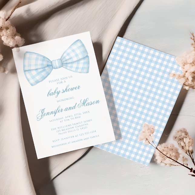 Cute blue bow tie ribbon baby boy shower invitation (Creator Uploaded)