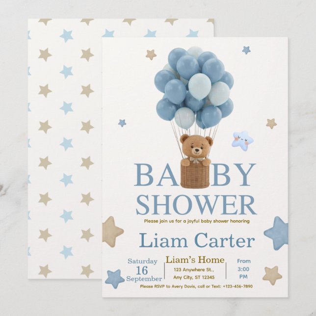 Cute Blue Boy Baby Shower Invitation (Front/Back)