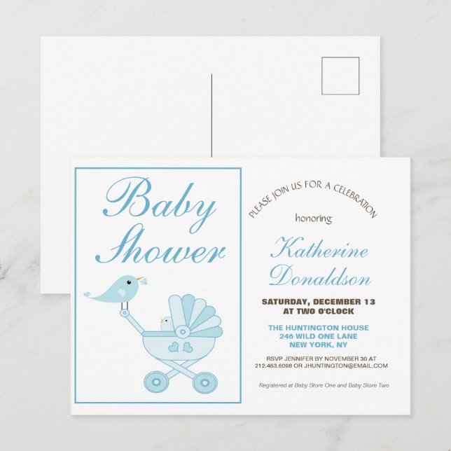 Cute Blue Boy Baby Shower Invitation Postcard (Front/Back)