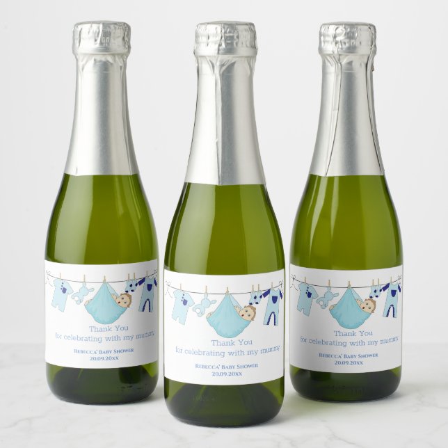 Cute Blue Boy Baby Shower Mini Sparkling Wine Label (Bottles)