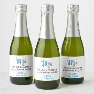 Cute Blue Boy Baby Shower Personalised Mini Sparkling Wine Label