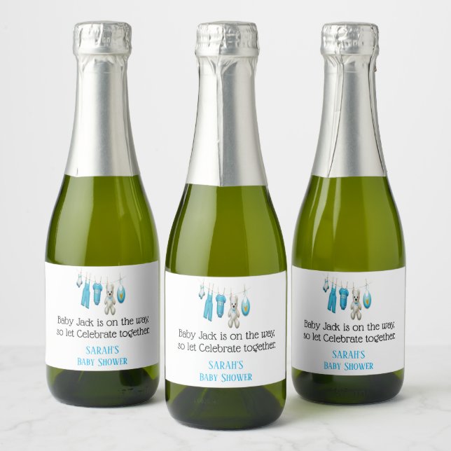 Cute Blue Boy Baby Shower Personalised Mini Sparkling Wine Label (Bottles)