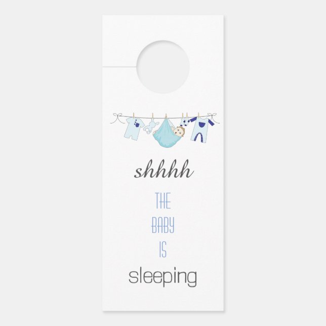 Cute Blue Boy Baby Sleeping Clothesline   Door Hanger (Front)