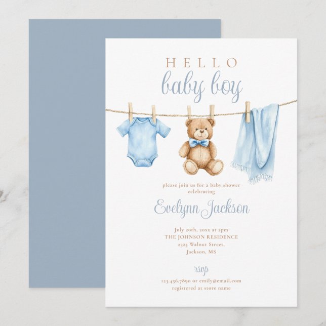 Cute Blue Boy Clothesline Baby Shower Invitation (Front/Back)