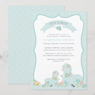 Cute Blue Boy Llama Baby Shower Invitation