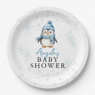 Cute Blue Boy Penguin Winter Baby Shower  Paper Plate