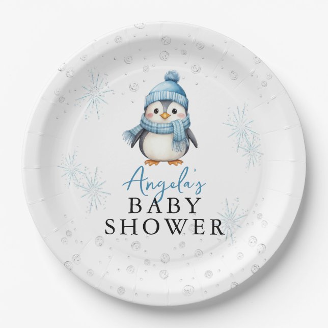 Cute Blue Boy Penguin Winter Baby Shower  Paper Plate (Front)