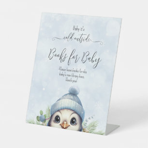 Cute Blue Boy Penguin Winter Baby Shower Pedestal Sign