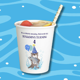 Cute Blue Boy Sea Otter Birthday Party Paper Cups