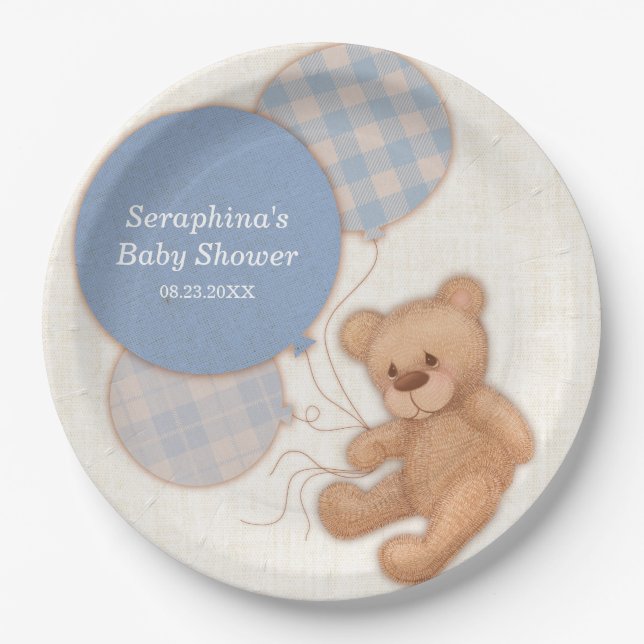 Cute Blue Boy Teddy Bear Baby Shower Paper Plates (Front)