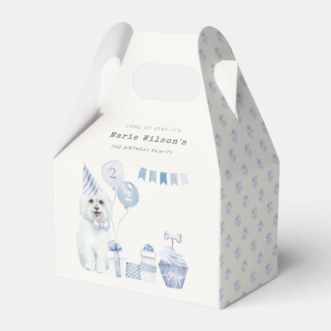 Cute Blue Boys Party Puppy Dog Any Age Birthday Favour Box (Front Side)