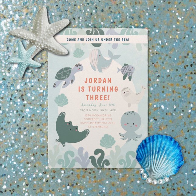 Cute Blue Boys Under The Sea Watercolor Birthday Invitation (Creator Uploaded)
