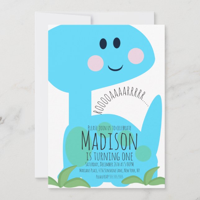 Cute Blue Bright Dinosaur Birthday Invitation (Front)