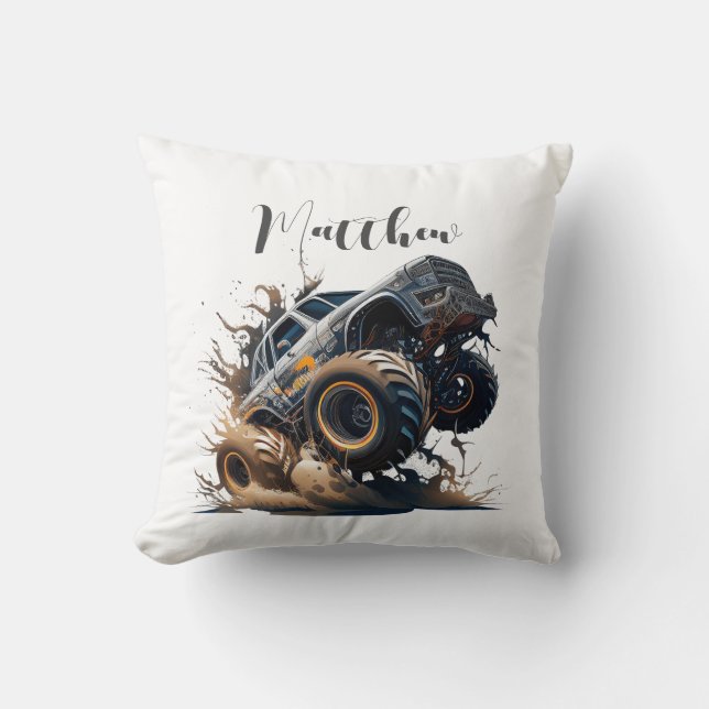 Cute Blue Brown Big Race Monster Truck Cushion (Front)