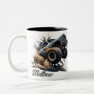 Cute Blue Brown Big Race Monster Truck Two-Tone Coffee Mug