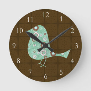 Cute Blue/Brown Pattern Bird Round Clock
