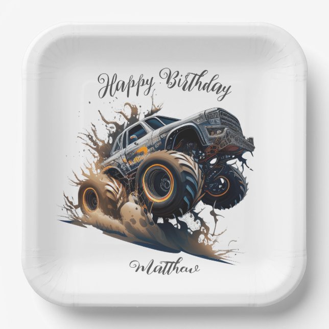 Cute Blue Brown Race Monster Truck Kids' Birthday Paper Plate (Front)